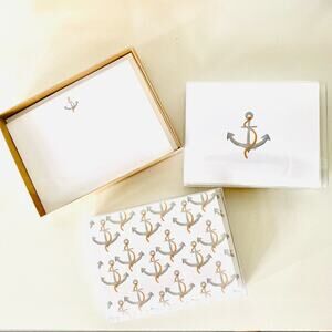 3 NEW ANTHROPOLOGIE White Grey Illustrated Anchor Nautical Card Notecards s/10